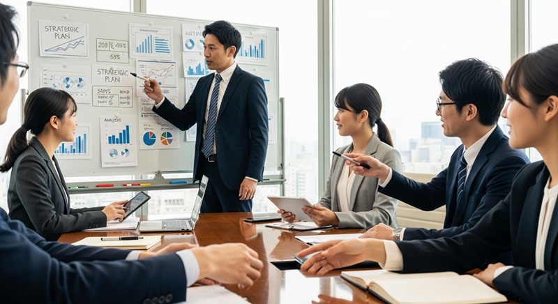 現代的なオフィスの会議室で、コンサルタントがホワイトボードのグラフを使い、クライアントチームと戦略について活発に議論しているプロフェッショナルな風景。