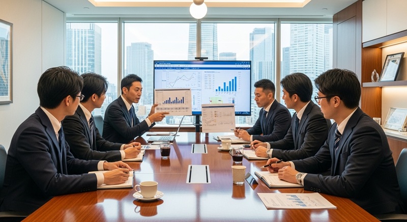高層ビルの洗練された会議室で、専門家チームが大規模法人グループの役員に対し、複雑なデータチャートを大型スクリーンに映しながら戦略的なプレゼンテーションを行っているプロフェッショナルな業務風景。