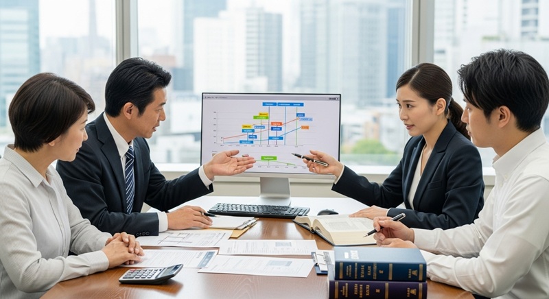 相続・資産税業務について、税理士が顧客家族と書類を前に真剣に相談しているプロフェッショナルな風景。