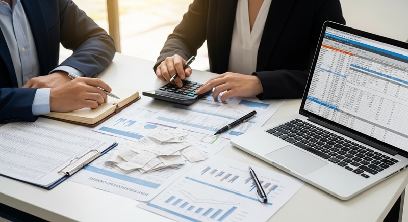 税理士がオフィスで経営者と向かい合い、パソコンや書類を見ながら税務顧問業務に関するアドバイスをしているプロフェッショナルなシーン。